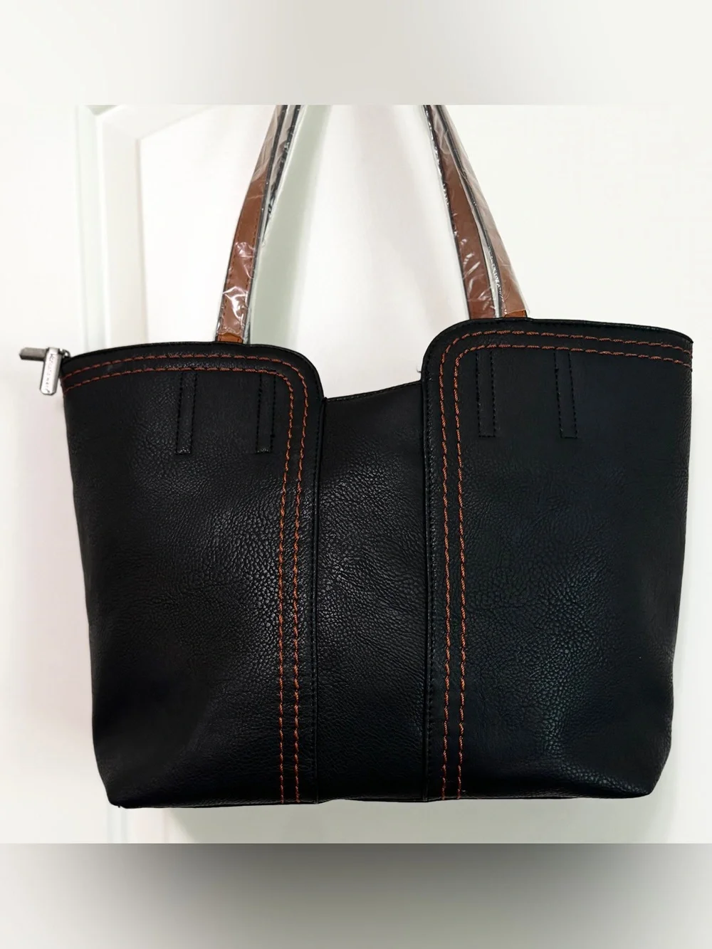Montana West Black Tote Shoulder Bag Contrast Stitch Vegan Leather Zip Top - Picture 7 of 16